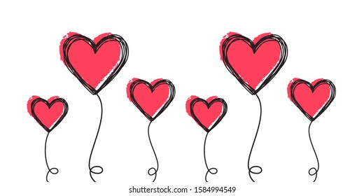 Tangled scribbled heart on a string line like an air baloon or a flower, hand drawn with thin line and red ink. Isolated on white background. Vector illustration