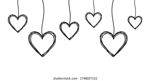 Tangled scribbled hearts hanging on a string, hand drawn with thin line, divider shape. Isolated on white background. Vector illustration