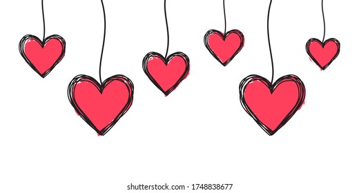 Tangled scribbled hearts hanging on a string, hand drawn with thin line, divider shape. Isolated on white background. Vector illustration