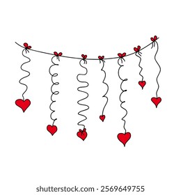 Tangled scribbled hearts hanging on a string, hand drawn with thin line, divider shape. Isolated on white background. Vector illustration