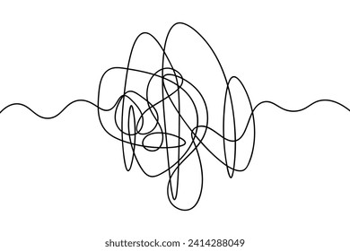 Tangled shape made from doodles. Sketch. Hand drawn abstract threads. Doodles with wavy lines at the beginning and end. Fantasy chaos. Vector illustration. Outline on isolated background. 