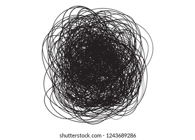 Tangled shape on white. Chaos pattern. Scribble sketch. Background with array of lines. Intricate chaotic texture. Art creation. Black and white illustration. Doodle for posters and flyers