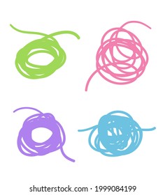 Tangled shapes. Hand drawn abstract doodles. Tangle colored knots on white. Elements for design