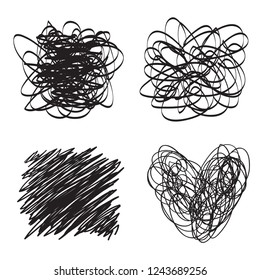 Tangled shapes on white. Chaos pattern. Scribble sketch. Background with array of lines. Intricate chaotic texture. Art creation. Black and white illustration. Doodles for posters and flyers