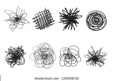 Tangled shapes on white. Chaos pattern. Scribble sketch. Background with array of lines. Intricate chaotic texture. Art creation. Black and white illustration. Doodles for poster and flyer