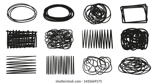 Tangled shapes on white. Chaotic sketches. Art creation. Black and white illustration. Doodles for poster or flyer