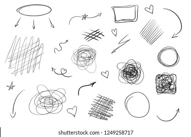 Tangled shapes on white. Hand drawn lines on isolated background. Chaotic signs with hatching. Elements for poster and flyer