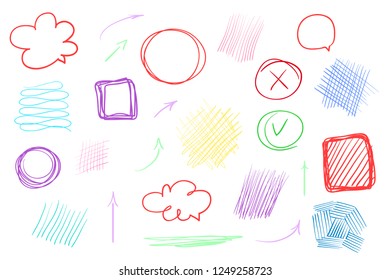 Tangled shapes on white. Hand drawn lines on isolated background. Chaotic signs with hatching. Colorful illustration. Elements for poster and flyer