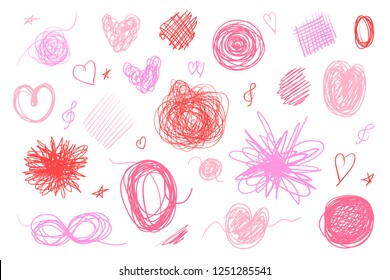 Tangled shapes on white. Hand drawn lines on isolated background. Chaotic signs with hatching. Colorful illustration. Elements for poster and flyer
