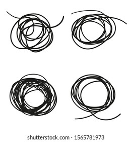 Tangled shapes on white. Hand drawn hatching dinamic lines. Black and white illustration
