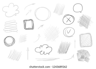 Tangled shapes on white. Set of infographic elements. Scribble sketch. Background with array of lines. Intricate chaotic texture. Art creation. Black and white illustration. Doodles for posters