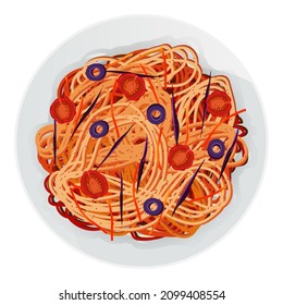 Tangled spaghetti. Asian noodles. Vector illustration of long red pasta with sauce, tomatoes, herbs, spices, carrots, purple cabbage, olives in plate isolated on white background. Cartoon macaroni.