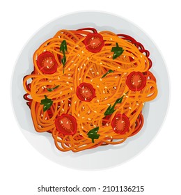 Tangled spaghetti. Asian noodles. Vector illustration of long red pasta with sauce, tomatoes, herbs, spices, sesame in plate isolated on white background. Cartoon macaroni.