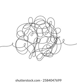 Tangled tangle of abstract lines, graphic black and white illustration, hand-drawn by one infinite vector. Decorative element for decoration, poster, banner. Drawing sketch of a chaotic circle, brain