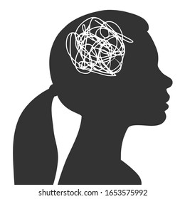 
Tangled thoughts in a female head. The concept of anxiety and problems. Vector illustration
