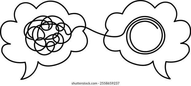 Tangled Thoughts: One Line Art Illustration of Two Speech Bubbles, One with a Messy Tangle and the Other with a Simple Circle