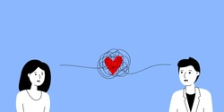 Tangled Thread With Heart Between Man And Woman. Concept Of Hard Relationship, Complex Trouble Characters, Confuse Feelings Friend, Sad People, Emotional Burnout. Simple Sign On Blue Background