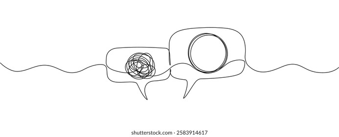 A tangled and unraveling thread of thoughts, in speech bubbles, drawn in one continuous line. Concept of psychotherapy, mental health, problem solving. Vector editable line illustration.