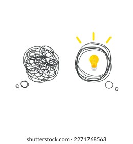 Tangled and untangled bubble. Abstract metaphor of complicated way of thinking and simple way. Business problem solving or difficult situation. Idea concept. Vector illustration isolated.