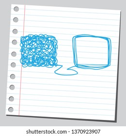 tangled and untangled. Sketch style illustration on sticky note. 