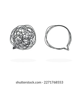 Tangled and untangled speech bubble. Abstract metaphor of complicated way of thinking and simple way. Business problem solving or difficult situation. Vector illustration isolated on white.