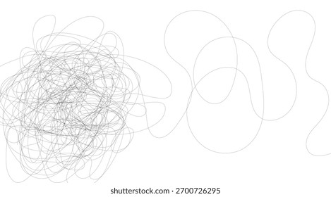 Segmentos emaranhados e desemaranhados, uma representação gráfica que exibe a complexidade em transição para a simplicidade com linhas fluindo e tons sutis de cinza em uma tela totalmente branca