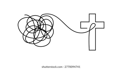 Tangled vector line representing confusion and difficulty resolving into a christian cross, symbolizing help, spirituality, and hope