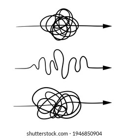 Tangled and wavy line. Set of chaotic arrows of different shapes. Sketch doodle illustration