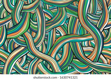 Tangled winding tape vector seamless pattern in line art style. Crazy colorful illustration of intertwined striped bands.