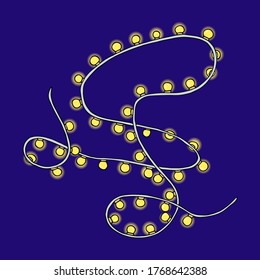 Tangled wire with shining light bulbs in dark night sky background. Garland with bright yellow lamps. Hand drawn vector stock illustration. Christmas, birthday, holiday, party decoration