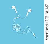 Tangled wires headphone. Vector illustration in trendy flat style isolated on blue background.
