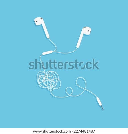 Tangled wires headphone. Vector illustration in trendy flat style isolated on blue background.