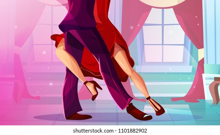 Tango in ballroom vector illustration of man and woman in red dress dancing Latin American dance in royal palace hall with pink drape curtains on windows of cartoon background.
