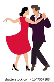 Tango Couple Dancing A Passionate Dance. Woman In A Red Dress And A Man In A Black Suit. Illustration From A Series Of Dances. Vector Graphic For Poster Of Dance School, Courses, Tango Competition