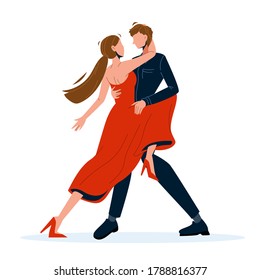 Tango Tanz tanzend Mann und Frau Vektorgrafik. Attraktive junge Junge und Girl-Tänzer, die elegante Kleidung tragen, die romantische Latino Tango. Zeichentrickfilm-Illustration