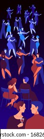 Tango dance party. Milonga. Couples dance making various movements, people are sitting at tables talking. Flat vector illustration.