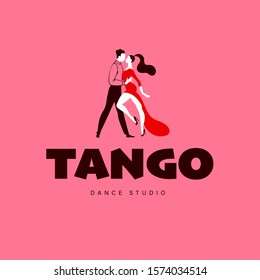 Tango dance studio, lessons and workshop logo, emblem design template with dancing man and woman couple. Flat style, vector illustration.