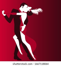 Tango-Tanz. Vektorillustration-Illustration von Ehepaaren auf einer Party im Stil des frühen 20. Jahrhunderts. Einladungskarte für die Retro-Party. Art-Deco-Stil.