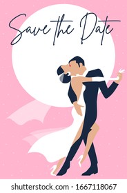 Tango dance. Vector illustration of couple at a wedding in the style of the early 20th century. Retro marriage party invitation card. Flat art style.