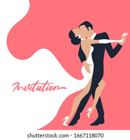 Tango dance. Vector illustration of couple at a wedding in the style of the early 20th century. Retro marriage party invitation card. Flat art style.