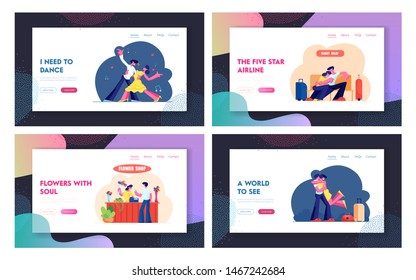 Tango Dancers, Flight Delay, Flower Shop, Meeting after Travel Website Landing Page Set, People Dancing, Waiting Airplane in Airport, Man Buy Bouquet Web Page. Cartoon Flat Vector Illustration, Banner