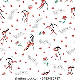 Tango Dancers Gliding in Gestural Poses as Partners in Red and Black with Music and Roses on White seamless pattern print background