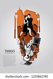 Tango dancers. Vector illustration. Use for tango studio posters, flayers, web-sites. Tango inscription.