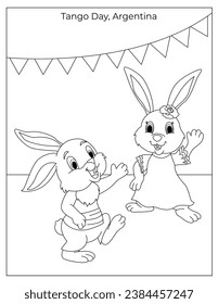 Tango Day Holiday in Argentina Celebration with cute rabbits coloring page for kids