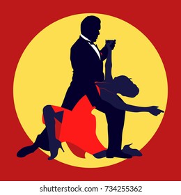 Tango Flat Poster. Vintage Style. Dance silhouette in white background. Red scene, yellow light.