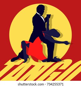 Tango Flat Poster. Vintage Style. Dance silhouette in white background. Red scene, yellow light. Tango text.