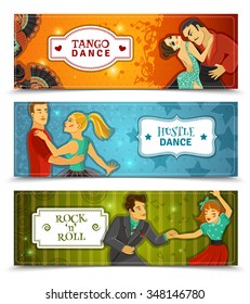 Tango hustle rock and roll dance 3 horizontal flat retro disco banners set abstract isolated vector illustration