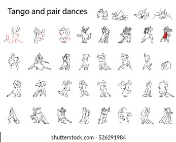 Tango and partner dancing. Use tickets, invitations, documents. Dancing couples, waltz, tango. Dancing couples, men and women