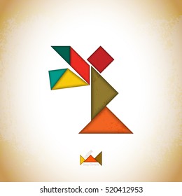 Tangram angel. Angel made of tangram pieces, geometric shapes. Traditional Chinese puzzle tangram solution card, learning game for kids, children. Abstract geometric art