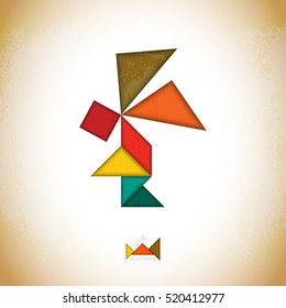 Tangram angel. Angel made of tangram pieces, geometric shapes. Traditional Chinese puzzle tangram solution card, learning game for kids, children. Abstract geometric art